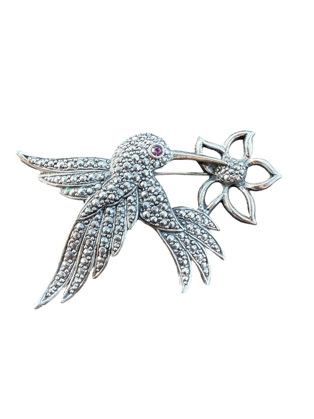 Avon Vintage Silver Hummingbird Brooch with Purple Accent
